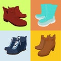 Illustration of Set hand drawn colorful women Footwear in isometric style. Shoes Casual and sport style, gumshoes, boots