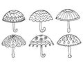 Illustration, set of hand-drawn contour different umbrellas. Design for coloring, textiles, paper