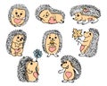 illustration, set of hand-drawn cute funny hedgehogs, for children