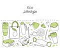 Illustration set of hand-drawn eco-friendly objects isolated in white background. Contour drawing with green accents