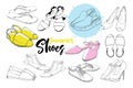 Illustration of Set hand drawn graphic women Footwear, shoes for summer. Sport style, gumshoes, moccasins, sneakers