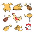 Illustration, a set of hand-drawn varied icons on the theme of chicken meat and chicken dishes, for restaurants Royalty Free Stock Photo