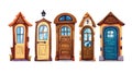 An illustration set of a house front door cartoon with a window on a white background. An asset kit with a contemporary Royalty Free Stock Photo