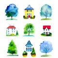 illustration of a set of houses, watercolor style, AI Generated Royalty Free Stock Photo