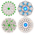 Set of jewelry brooches, design elements. Tribal ethnic pattern with precious stones and filigree