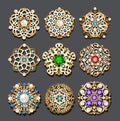 set of jewelry gold brooch with precious stones and pearls