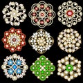 set of jewelry gold brooches, decorated with precious stones, vintage round mandala patterns, filigree jewelry