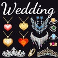 set of jewelry made of gold and silver with precious stones rings, earrings, necklaces, tiaras and pendants with Royalty Free Stock Photo