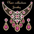 set of jewelry necklace and earrings with a female with pink gemstones