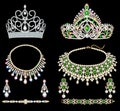 Illustration set of jewelry tiaras, necklace, earrings and bracelets with precious stones Royalty Free Stock Photo