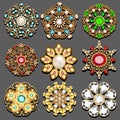 set of jewelry vintage pendants ornament made of beads of gold color and precious stones and pearls