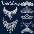 set of jewelry for wedding. Tiaras, necklaces and earrings