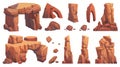 Illustration set of large desert stone piles and cliffs. UI assets and elements of canyon formation with arch, and rough