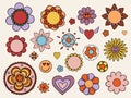 Illustration of a set of linear stickers with floral elements in the style of the 70s. Daisies, daisies, smileys, hearts