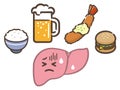 Illustration set of liver weakened by overdrinking and eating too much