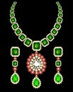 set of necklace and earrings, wedding female diamond and emerald