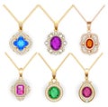 Set of necklace pendants jewelry made of precious stones isolated on white background