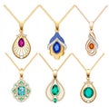 Illustration set necklace pendants jewelry made of precious stones isolated on white background