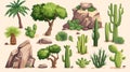 An illustration set of objects from the Sahara, such as cactus, trees, mountains, and rocks. Cactus, trees, mountains