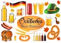 Illustration set oktoberfest festive poster with barrel and mug of beer and spikelets, pretzels and sausages