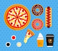 Illustration Set Of Pizza Orders At American Fast Food Restaurants. Poster Elements Of Food Complete With Hot Coffee, Orange Juice