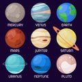 Illustration set of the planets of the Solar system on dark purple background. Cartoon vector planets Royalty Free Stock Photo