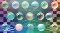 An illustration set of realistic transparent air spheres in rainbow colors with reflections and highlights, isolated on