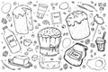 Illustration set recipe Easter cake. Black outline objects isolated on white background. Color doodle style