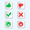 set of signs with a shadow on a blue background.Finger up and down, check mark and crcik, emoticons of emotions.