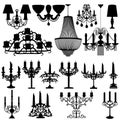 set of silhouettes of candelabra lamps and candlesticks with candles and crystal chandeliers on a white