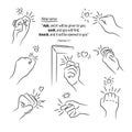 A set of simple line illustrations of a hand knocking on the door