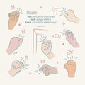 A set of simple line illustrations of a hand knocking on the door