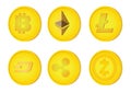 Illustration of a set of six different cryptocurrencies.