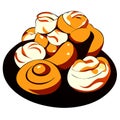 Illustration of a set of sweet rolls on a black plate. AI generated