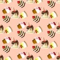 Illustration set of sweets and cakes. Seamless pattern.