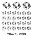 Set of Travel icons with airplane fly around the earth Royalty Free Stock Photo