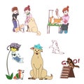 Cute hand drawn dog and people life illustration set