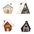 illustration of a set of winter gingerbread houses