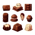 Illustration of set of yummy assorted Chocolate dessert. Collection of chocolate candies. Chocolate candies Royalty Free Stock Photo