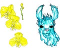 Seth blue llama and tropical flowers. Doodle llama head, yellow orchids isolated on white background Royalty Free Stock Photo