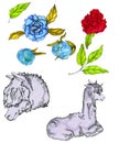Seth gray llama and flowers. Doodle llama head lying alpaca, red peonies, blue peonies isolated on white background