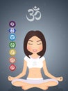 Seven chakras symbols and girl in meditation Royalty Free Stock Photo