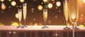 Illustration of several glasses of champagne on the table with bokeh lights in the background. Copy space