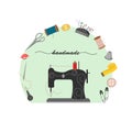 Illustration of a sewing machine and tools. Buttons, spool of thread, needle, pin cushion. Royalty Free Stock Photo