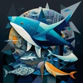 Illustration with shark and fishes in cubism style.
