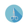 Illustration of Sharp Scissors with Light Blue Handle on Circular Dark Blue Icon with Shadow Effect Minimalist Style Royalty Free Stock Photo