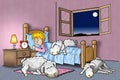 illustration of sheep sleeping on bed of man who finally fell asleep too