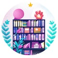 Illustration of a shelf with books and plants on it. Vector illustration. Generative AI Royalty Free Stock Photo