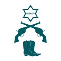 Illustration of sheriff star, revolvers Colt and cowboy boots. W