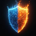Illustration of shield in clash of ice and fire on black background. Fire flames and crystal texture. Ai generated blue and Royalty Free Stock Photo
